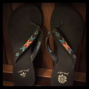 Yellow Box beaded, wedge flip flops